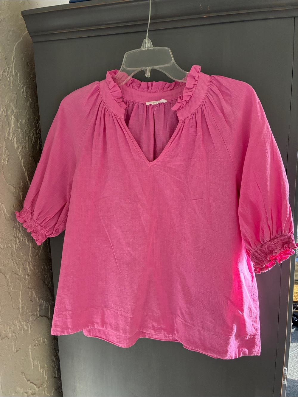 Bright Pink Ruffle-Trim Peasant Blouse